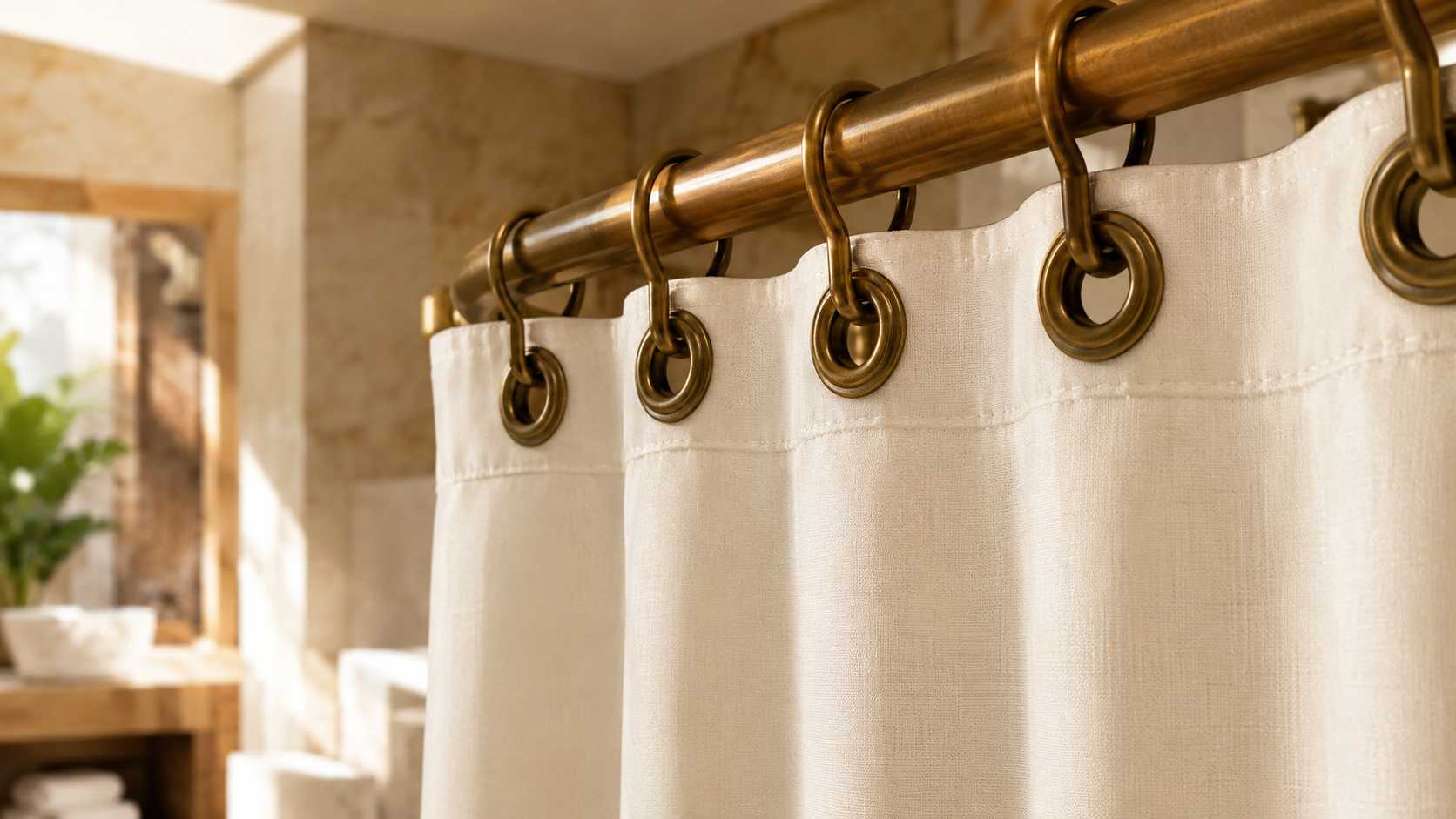 rose gold grommets, The rose gold grommets are installed along the top edge of the light-colored curtain.